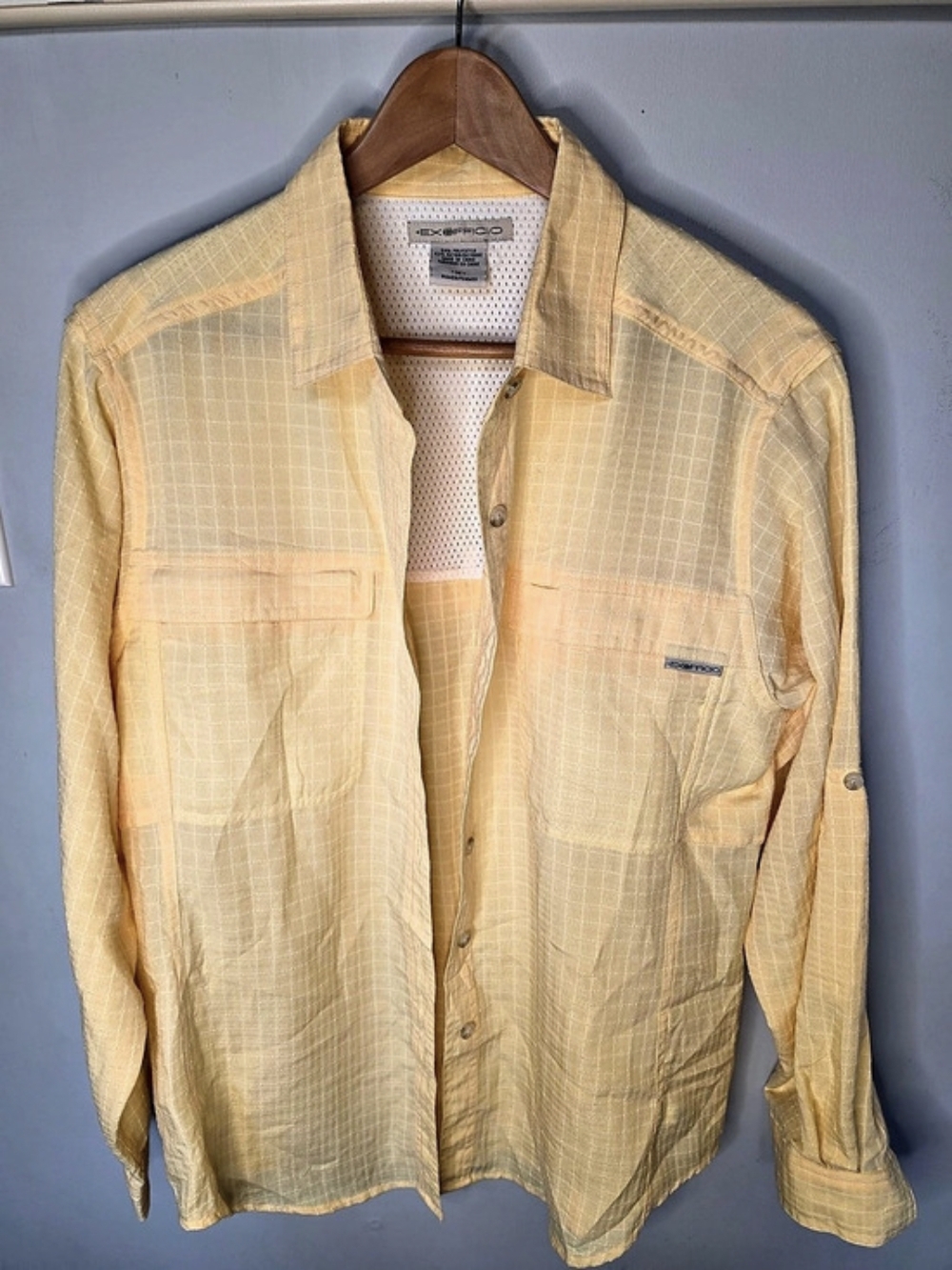 ExOfficio Vented Long Sleeve Hiking Shirt Yellow Grid Roll Tab Women's Medium M